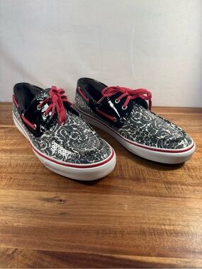 Sperry Biscayne Sequined Boat Shoes Black/White/Red Size 10